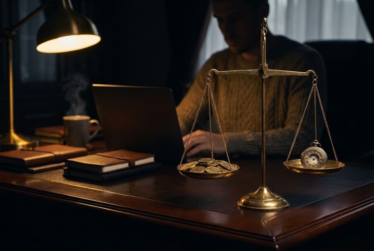 A focused person at a clean desk looking at their iPhone with a single clear task on screen, representing a calm daily execution system