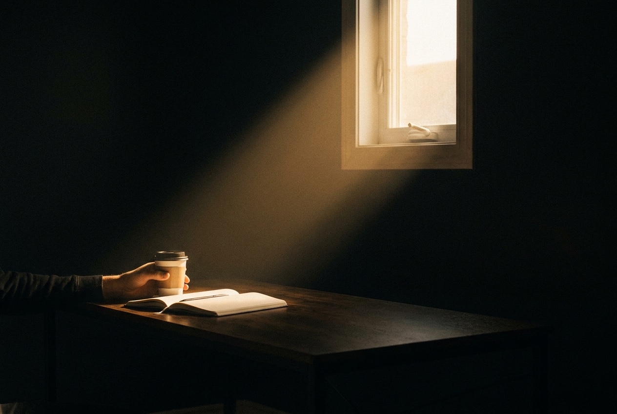 A freelancer sitting at a desk reviewing finances on a laptop with a coffee beside them, looking calm and in control
