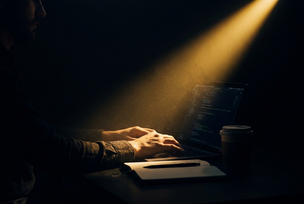 A solo founder sitting at a minimal desk with a single task visible on their iPhone screen, looking focused and calm