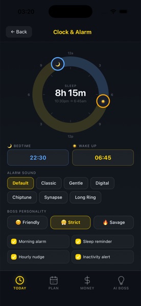 Sleep and alarm settings