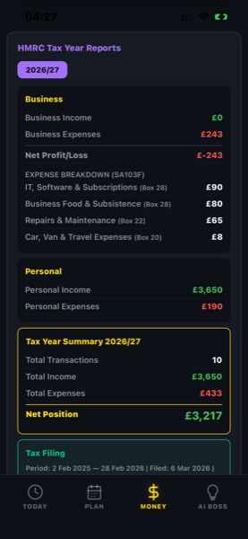 HMRC tax year report screen