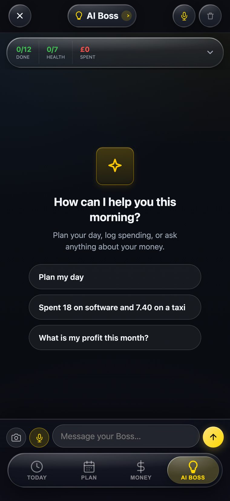 AI Boss chat with quick starters
