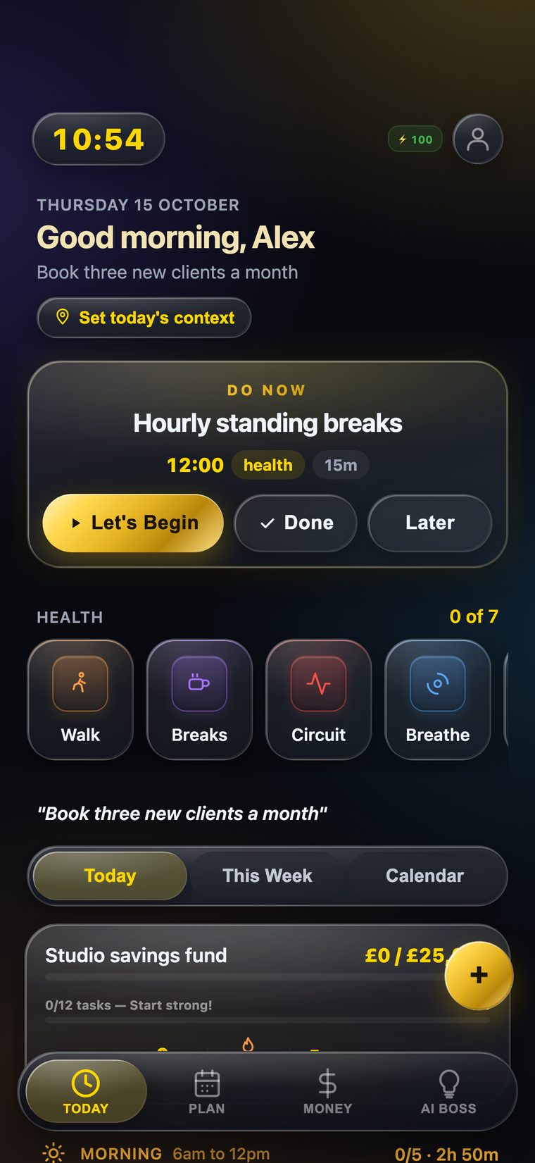 BossMode Today screen showing the Do Now task, health rituals and goal